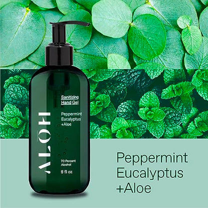 ALŌH Sanitizing Hand Gel 2-pack | Peppermint Eucalyptus + Aloe | 70% Alcohol Hydrating Hand Sanitizer Gel with Essential Oil, for Kids & Adults | 8oz Bottle (Set of 2) - color: Peppermint Eucalyptus + Aloe (2 Pack)