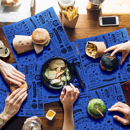 Outus 600 Pcs 12 x 12 Inch Deli Wax Paper Sheets Grease Resistant Tray Basket Liners Newsprint Paper Water and Grease Proof Sandwich Wrapping Square Hot Dog Wrapper for Food Baking (Blue) - color: Blue