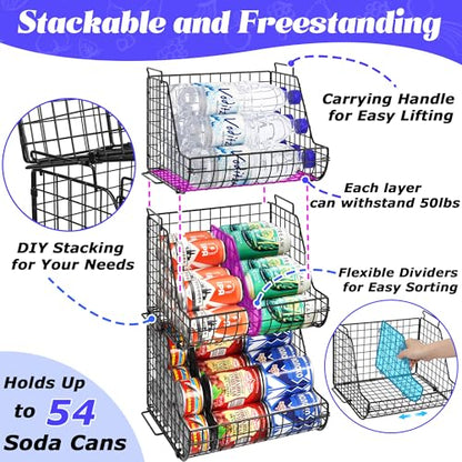 Stacking Can Dispensers 3 Tier with 3 Divider, Large Pantry Can Organizer, Beverage Drink Pop Soda Can Storage Basket, Can Holders for Pantry, Canned Food Rack Wire Bins for Kitchen Cabinet (3-Pack) - size: 3-Pack