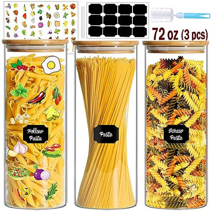 BGraceyy Glass Jars with Bamboo Lids, 72oz 3Pcs Kitchen Glass Containers with Bamboo Lids, Airtight Glass Pantry Storage Containers with Lids for Spaghetti, Pasta, Rice, Nuts, Flour, Bean, Dry Foods - size: 72 oz 3 pcs