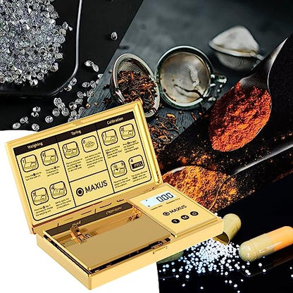 MAXUS Digital Gram Scale with 200g x 0.01g Capacity, Stylish Gold Plated Cover and Platform for Accurate and Precise Weighing of Jewelry, Grains, and Food in Grams and Ounces - color: Gold