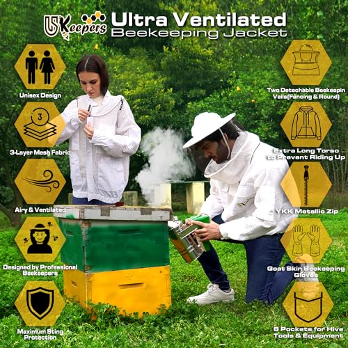 3 Layer Ventilated Sting Proof Bee Jacket for Men & Women, Premium Beekeeping Jacket with Gloves & Two Beekeeper Veils. (White J/3XL) - color: White, size: 3X-Large