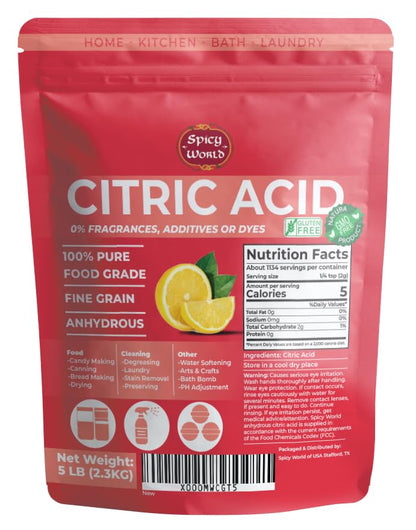 Pure Citric Acid, 5 Pound - Food Grade & Non-GMO- Natural Food Preservative, All Purpose Cleaning Agent, Beauty Ingredient- by Spicy World