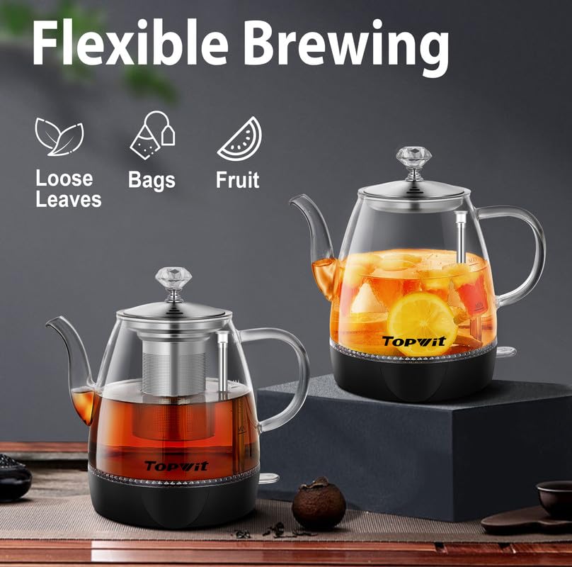 Topwit Electric Kettle Glass, For Hot Water, Tea and Coffee Dual Purpose Design, BPA-Free, 1L Pour Over Removable Stainless Steel Infuser, Auto-shut Off & Boil-dry Protect - color: Black