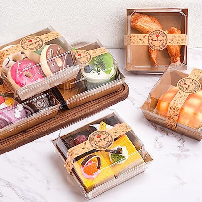 TECARATE Paper Charcuterie Boxes with Clear Lids and Stickers - 50 SETS 4 Inches Square Disposable Food Containers Bakery Boxes for Bakery, Macaron, Sandwich, Slice Cake, Cookies, Hot Cocoa Bombs - color: Brown