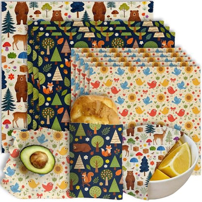 LENARKU Reusable Beeswax Wrap, Forest Animals Wraps, 9 Pack Eco-Friendly Food Storage, Organic Cotton, Sustainable, Zero Waste, Plastic-Free, Sandwich & Snack Covers, 1XL, 3M, 5S - color: Beige Woodland