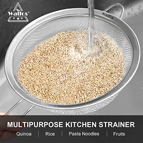 Walfos 6.95 Inch Fine Mesh Strainers, Premium Stainless Steel Colanders and Sifters, with Reinforced Frame and Sturdy Handle, Perfect for Sift, Strain, Drain and Rinse Vegetables, Pastas and Tea - style: 6.95" Medium Strainer