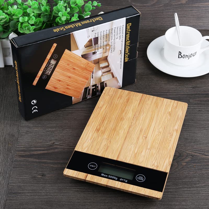 Digital Kitchen Scale with Bamboo Surface – 11lb/5kg Capacity, Touch Buttons, Tare Function, LCD Display, Auto-Off