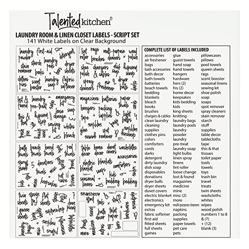 Talented Kitchen Laundry Room Organization Labels - 141 Preprinted White Script Clear Vinyl, Water-Resistant - Sticker Labels for Jars & Food Containers - Pantry, Bathroom & Linen Closet - color: White Text on Clear Label
