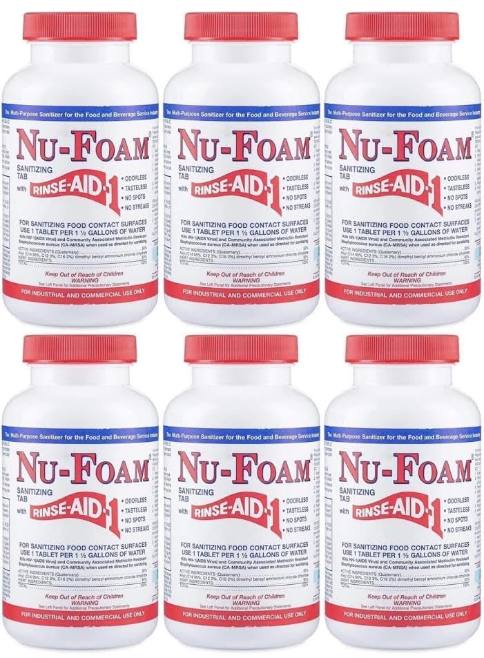 Nu-Foam Sanitizing Tablets for Bar Glassware – Superior Rinse Aid - Hand Washing Bar, Tavern, Brewery Supplies - Spotless Serving Glasses - 6 Jars 600 Tablets/ 3600 Quarts (6 Pack 600 Tablets) - size: 100 Count (Pack of 6)
