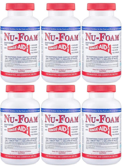 Nu-Foam Sanitizing Tablets for Bar Glassware – Superior Rinse Aid - Hand Washing Bar, Tavern, Brewery Supplies - Spotless Serving Glasses - 6 Jars 600 Tablets/ 3600 Quarts (6 Pack 600 Tablets) - size: 100 Count (Pack of 6)