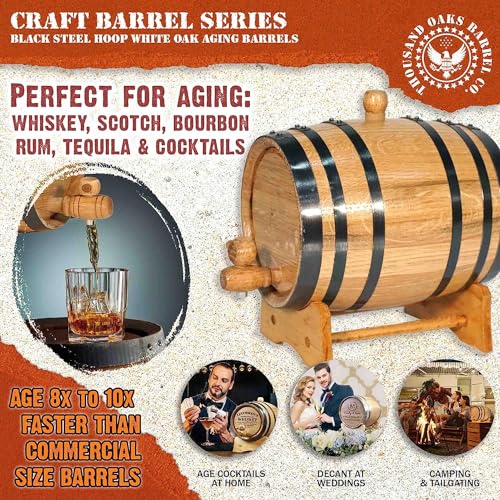1 Liter Oak Aging Barrel with Wood Stand, Bung & Spigot - Mini Whiskey Barrels for The Home Alcohol Distiller, Moonshiner & Winemaker - Age Cocktails, Bourbon, Whisky, Tequila, Rum, Mead Wine (1L) - size: 1 Liter