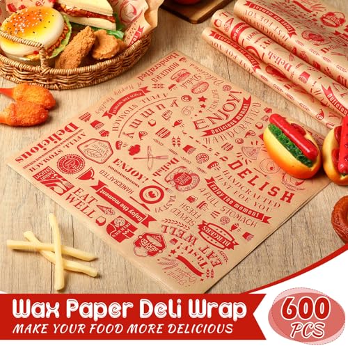 600 Pcs 12 x 12 Inch Deli Wax Paper Sheets Grease Resistant Tray Basket Liners Newsprint Paper Water and Grease Proof Sandwich Wrapping Square Hot Dog Wrappers for Food Baking (Red on Brown) - color: Red on Brown
