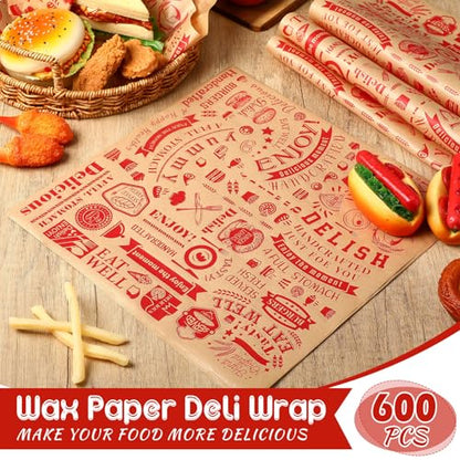 600 Pcs 12 x 12 Inch Deli Wax Paper Sheets Grease Resistant Tray Basket Liners Newsprint Paper Water and Grease Proof Sandwich Wrapping Square Hot Dog Wrappers for Food Baking (Red on Brown) - color: Red on Brown