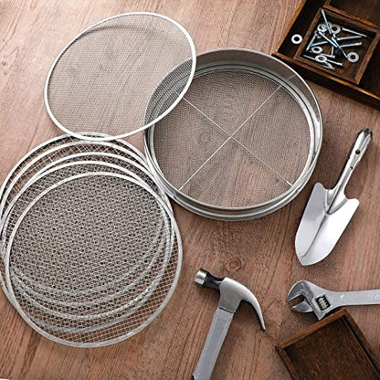 Bonuci 10 Pcs 12 Inch Soil Sieve Stainless Steel Sieve Set Garden Soil Sifter Potting Mix Sifter with 8 Interchangeable Filter Mesh 2, 3, 5, 6, 7, 9, 10, 12 mm and Shovel for Garden Compost(Silver)