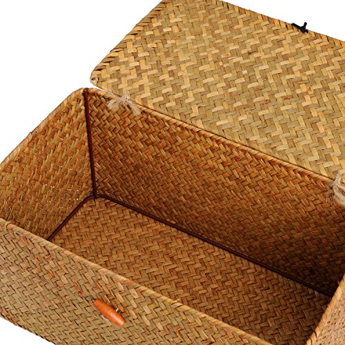 DOKOT Rectangular Handwoven Seagrass Storage Basket with Lid for Shelves and Home Organizer Bin, (M (12"x7"x6"H), Natural) - size: M (12"x7"x6"H)