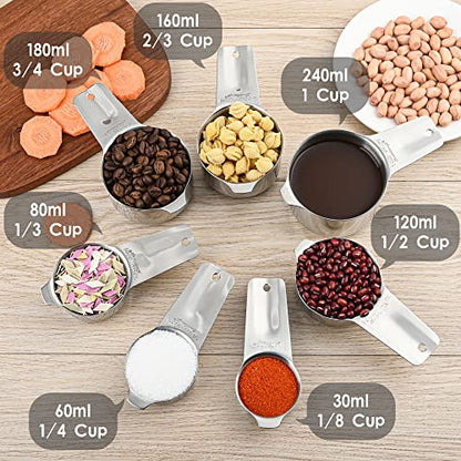 Stainless Steel Measuring Cups and Spoons Set, 18/8 (304) Measuring Cups Spoons, Heavy Duty 7 Measuring cups and 9 Measuring Spoons 1 Leveler for Baking and Kitchen