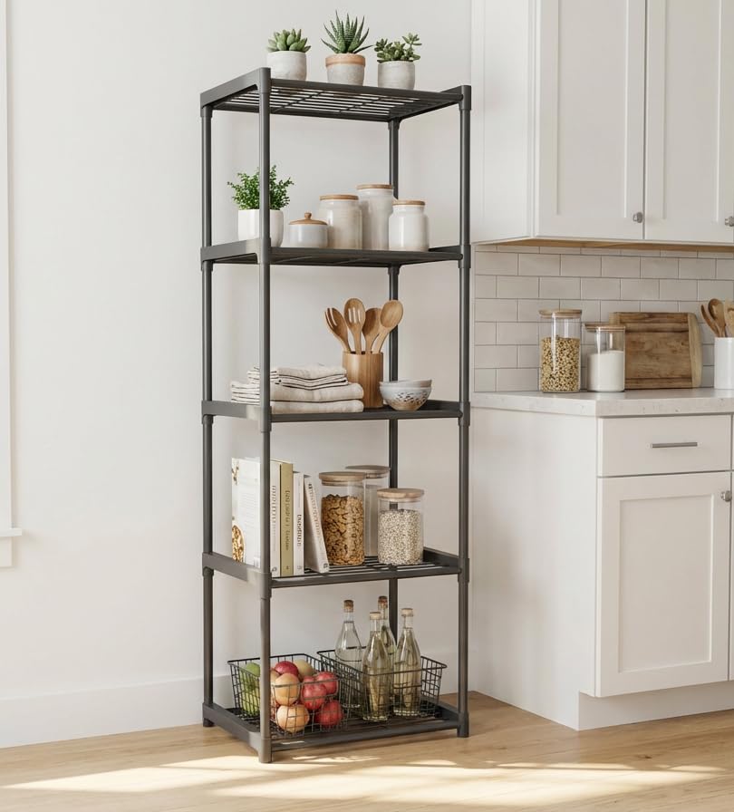 5-Tier Storage Shelves with Plastic Connectors – Metal Shelf Organizer for Pantry, Closet & Bathroom, Space-Saving Sturdy Shelving Unit Rack, Black, 17.3" x 12.8" x 56.7" - size: 17.3" x 12.8" x 56.7"(5T)
