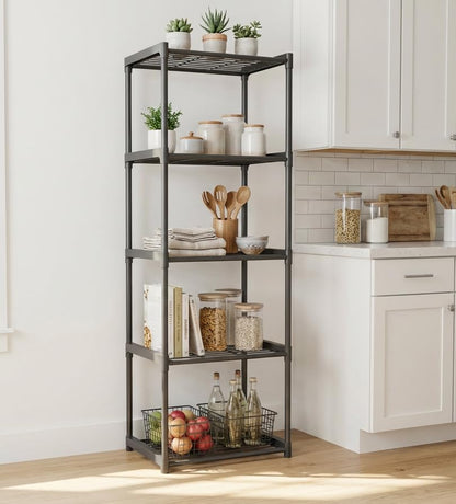 5-Tier Storage Shelves with Plastic Connectors – Metal Shelf Organizer for Pantry, Closet & Bathroom, Space-Saving Sturdy Shelving Unit Rack, Black, 17.3" x 12.8" x 56.7" - size: 17.3" x 12.8" x 56.7"(5T)