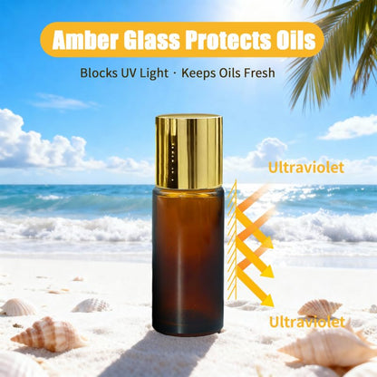 Amethyst Roller Bottles for Essential Oils, 50ml Refillable Amber Glass Roll On Bottles with Natural Crystal Roller Balls, Leak-Proof Travel Perfume Bottle with Gold Caps - color: Purple