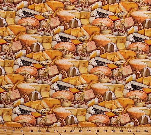 Quality Fabric Cheese Blocks Wedges Food Gourmet Kitchen Cotton Fabric Print by Yard