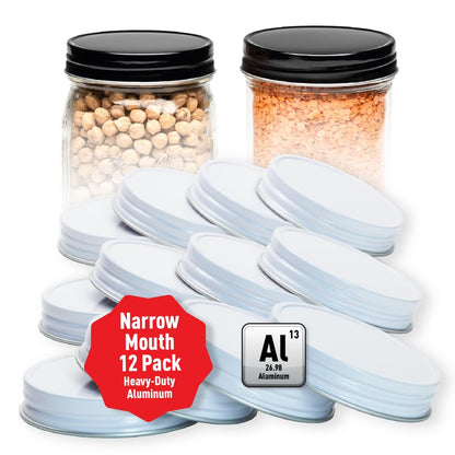 AllSpice Rust-Proof Narrow Mouth Aluminum Metal Mason Jar Lids Leak-Proof 12-Pack (White Narrow) - color: White, size: Narrow Mouth