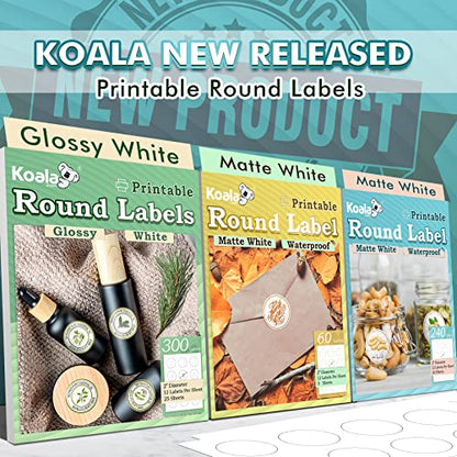 Koala Round Labels 2 Inch, Matte Waterproof Printable Circle Stickers for Inkjet and Laser Printer, 240 Circle Labels for Brand Logo, Bottle, Jar