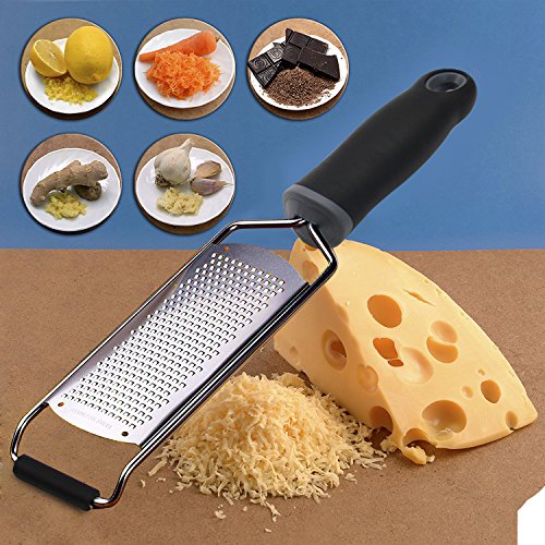 Stainless Steel Cheese Grater, Ergonomic Soft Handle Lemon Ginger Potato Zester with Plastic Cover - color: A-Black