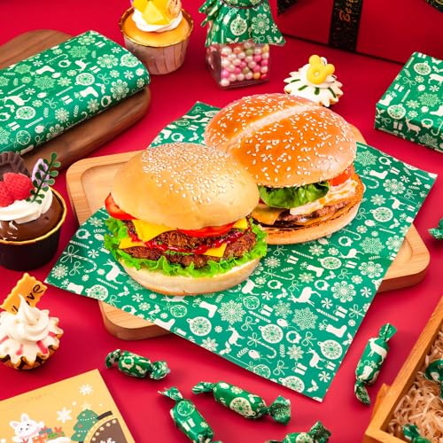 100 Pcs Christmas Wax Paper, Wax Paper Sheets for Food Deli Paper Sandwich Wrap Candy Cookies Wraps, Waterproof Oil-proof Picnic Basket Liners with Snowflake Pattern for Kitchen Handmade Food(Green)… - color: Green Snowflakes