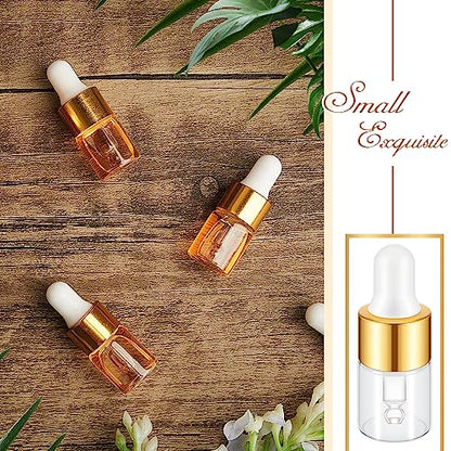 Didaey 200 Pcs 1/2/3/5/10/15 ml Mini Glass Oil Dropper Bottle Bulk, Clear Essential Small Empty Bottles Sample Containers Perfume Liquid Vials with Cap for Traveling (2 ml,Champagne Gold) - color: Champagne Gold, size: 2 ml