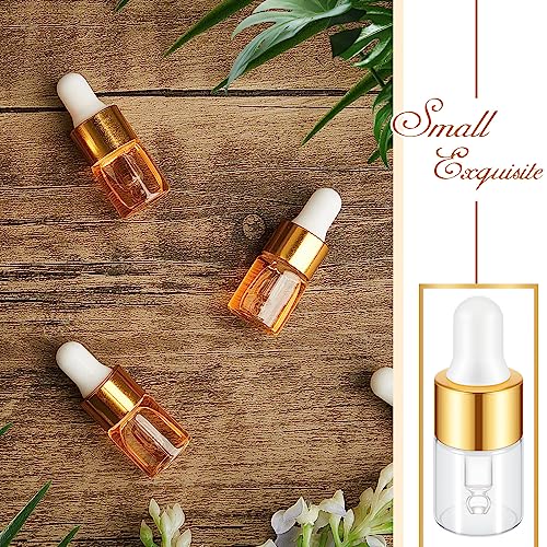 Didaey 200 Pcs 1/2/3/5/10/15 ml Mini Glass Oil Dropper Bottle Bulk, Clear Essential Small Empty Bottles Sample Containers Perfume Liquid Vials with Cap for Traveling (2 ml,Champagne Gold) - color: Champagne Gold, size: 2 ml