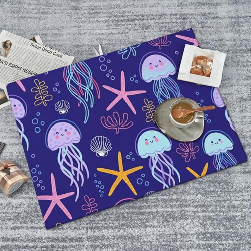 Cute Jellyfish and Starfish Dish Drying Mat for Kitchen Counter Microfiber Absorbent Reusable Washable 18x24in - color: Cute Jellyfish And Starfish