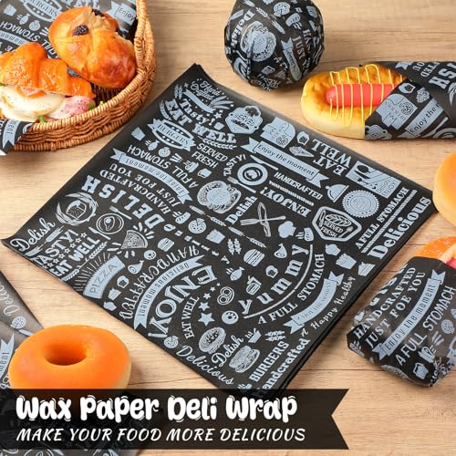 Outus 600 Pcs 12 x 12 Inch Deli Wax Paper Sheets Grease Resistant Tray Basket Liners Newsprint Paper Water and Grease Proof Sandwich Wrapping Square Hot Dog Wrappers for Food Baking (Black) - color: Black
