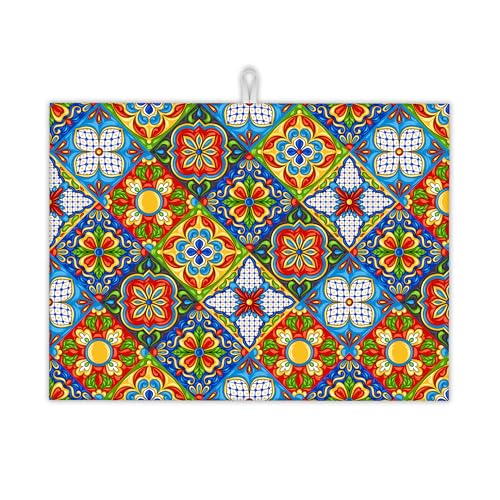 Mexican Tile Dish Drying Mat,Boho Tradicion Drying Rack Pad Countertop Dishes Ultra Absorbent Microfiber Kitchen Counter Mat for Coffee Countertop Decor 18x24 Inch - color: Mexican Tile Boho Tradicion