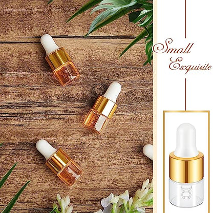 Didaey 100 Pcs 1/2/3/5/10/15 ml Mini Glass Oil Dropper Bottle Bulk, Clear Essential Small Empty Bottles Sample Containers Perfume Liquid Vials with Cap for Traveling (1 ml,Champagne Gold) - color: Champagne Gold, size: 1 ml