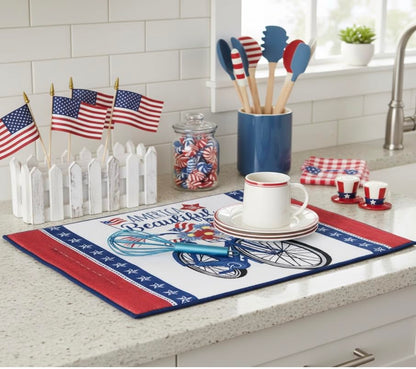 Serafina Home Patriotic Dish Drying Mat, America the Beautiful Bicycle Design, Red White Blue, Cotton, 15" x 20", Machine Washable, 4th of July Kitchen Décor - color: patriotic bike