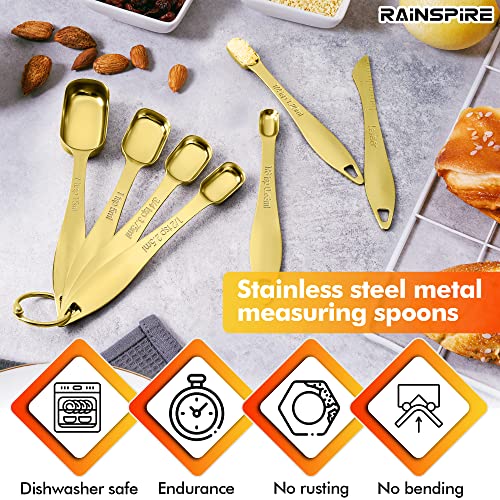 Rainspire Heavy Duty Measuring Spoons Set Stainless Steel, Metal Measuring Cups and Spoons Set for Dry or Liquid, Fits in Spice Jar, Home Gadgets Kitchen Gadgets, Set of 7 Including Leveler, Gold - color: Gold