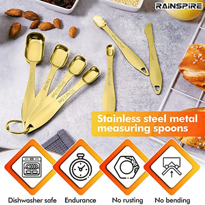 Rainspire Heavy Duty Measuring Spoons Set Stainless Steel, Metal Measuring Cups and Spoons Set for Dry or Liquid, Fits in Spice Jar, Home Gadgets Kitchen Gadgets, Set of 7 Including Leveler, Gold - color: Gold