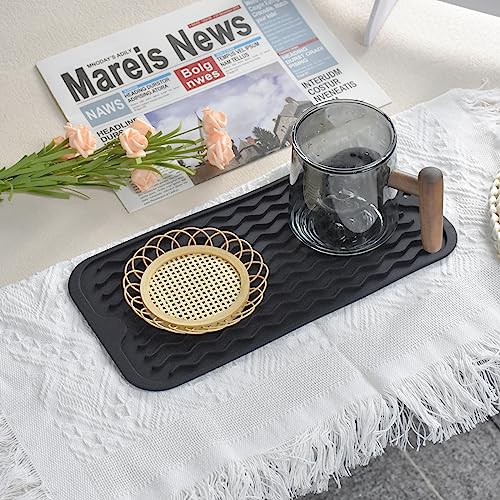 Silicone Dish Drying Mat, Non-Slip Easy Clean Sink Mat Large Heat-resistant Dish Drainer Mat for Kitchen Counter, Sink, Refrigerator or Drawer liner (12" x 6", BLACK) - size: 12" x 6"