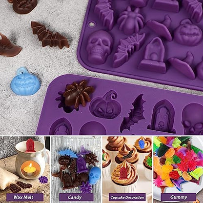 Webake Halloween Candy Chocolate Molds 3D, 18-Cavity Halloween Silicone Molds Shaped with Skull Pumpkin Witch Hat Bat Spider Tombstone for Baking Chocolate Jelly Gummy Dessert (2 PACK) - style: Halloween