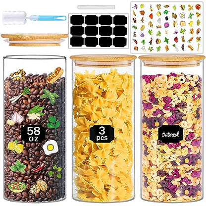 BGraceyy Glass Jars with Bamboo Lids, 58 oz 3 Pcs Kitchen Glass Containers with Bamboo Lids, Airtight Glass Pantry Storage Containers with Lids for Rice, Flour, Nuts, Cookie, Pasta, Oatmeal, Bean - size: 58 oz 3 pcs