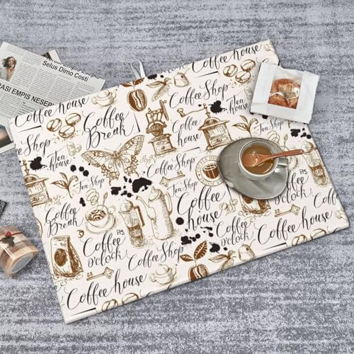 Coffee House Butterfly Dish Drying Mat for Kitchen Counter 18 x 24 inch Classic Cafe Dish Drainer Rack Mats with Hanging Loop Coffee Break Print Dishes Drainer Pads Cafe Theme Drying Pad - color: white brown