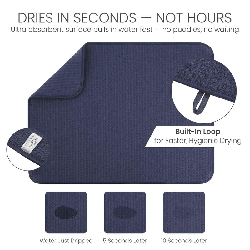 Bellemain XL Dish Mat Microfiber Dish Drying Mat, Super absorbent (Navy, 17" x 24") - color: Navy, size: 17" x 24"