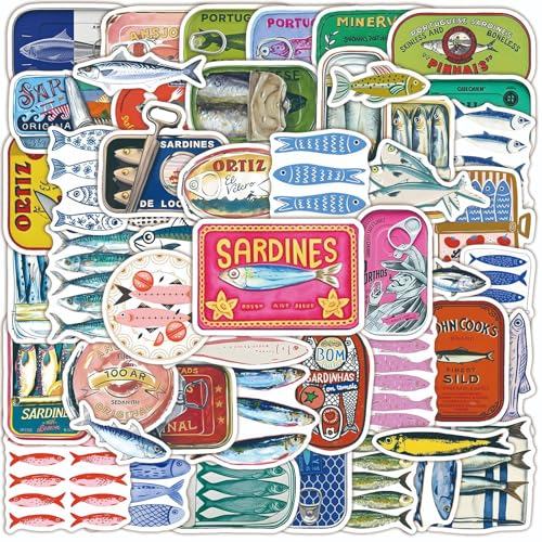 50 Pcs Vintage Sardine Fish Can Stickers, Retro Seafood Tin Label Ocean Fish Aesthetic Decals, Waterproof Stickers for Journal Scrapbook Planner Kitchen Cup Laptop DIY Craft Decor - color: Sardine Fish Can
