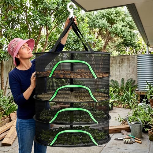 Coloch 4 Layer Herb Drying Rack with Zipper, Hanging Mesh Net with Garden Shear, Collapsible Food Drying Net for Seeds, Buds, Fruits, Vegetables, Herbs, Fish, Clothes(Black)