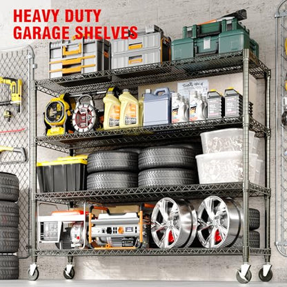 Garvee Metal Shelving with Wheels 4-Tier, 71.8"H Storage Shelves Heavy Duty Rolling Rack Shelf with Lockable Casters, Adjustable Wire Shelving Units, for Garage Commercial Kitchen Pantry, 59" Wx17.7"D | 2560LBS, Adjustable Wire Shelving Units, Rolling Ste