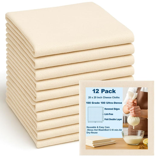 12 Pcs Cheesecloth for Straining 20x20 Inch – Reusable Grade 100 Muslin Cloth, Ultra-Fine 56x42 Weave, 100% Unbleached Cotton with Hemmed Edges, Cheese Cloth Strainer for Yogurt, Nut Milk & Baking - size: 12 PCS - 20x20 Inch