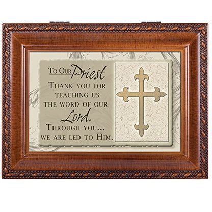 Cottage Garden Our Priest Woodgrain Inspirational Rope Trim Music Box Plays Ave Maria