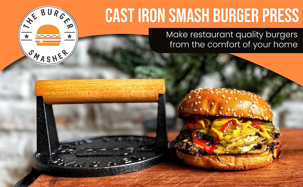 The Burger Smasher™ Pre-Seasoned Heavy Duty Cast Iron Smash Burger Press Kit - Heat Resistant Burger Smasher for Griddle, Food, Chef, Meat & Cooking Press, Hamburger Smasher - 30 Patty Paper