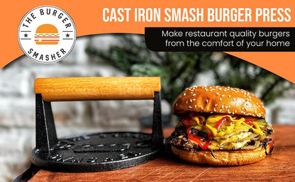 The Burger Smasher™ Pre-Seasoned Heavy Duty Cast Iron Smash Burger Press Kit - Heat Resistant Burger Smasher for Griddle, Food, Chef, Meat & Cooking Press, Hamburger Smasher - 30 Patty Paper